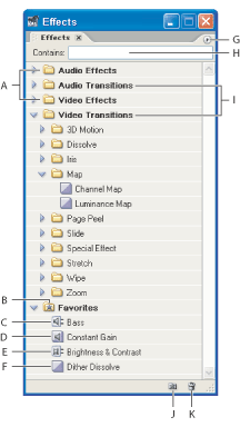 Иллюстрация Окно Эффектов: A. Группы Эффектов B. Любимые эффекты C. Звуковой эффект D. Звуковой Переход E. Видео Эффект F. Видео переход G. Меню Окна Эффектов H. Окошко поиска текста I. Группы переходов J. Новая личная группа K. Удаление Особого Объекта