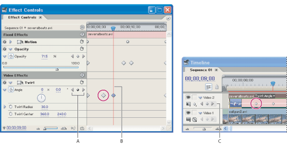 Illustration of Keyframe navigator with these callouts: A.  Keyframe navigator in the Effect Controls window B. Current-time indicator C. Keyframe navigator in the Timeline window