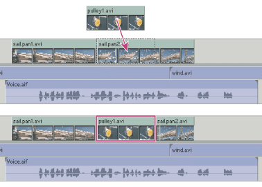 Clips before an overlay edit (top) and after an overlay edit (bottom)