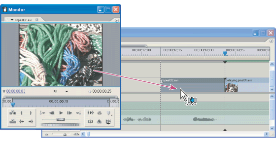 Ctrl+Alt-dragging inserts the clip and shifts only the target tracks, indicated by the arrows.