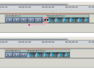 Timeline during (above) and after (below) a ripple edit 