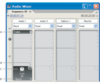 Illustration of Audion effects with these callouts: A. Name of applied effect, and effect pop-up menu B. Effect bypass C. Control knob for selected effect property D. Effect properties pop-up menu