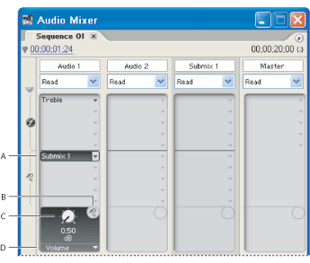 Illustration of Sends with these callouts: A. Name of submix assigned to send, and Send Assignment pop-up menu B. Send mute C. Control knob for selected send property D. Send Properties pop-up menu 