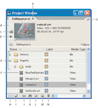 Иллюстрации окна Проекта: A. Закрытие проекта B. Просмотрщик образцов C. Установка кадра-постера D. Проигрывание образца E. Бины F. Клип G. Меню окна Проекта H. Вид списка I. Вид икон J. Команда Автоматически в ряд K. Поиск L. Новый бин M. Новый объект N. Удаление выбранных объектов